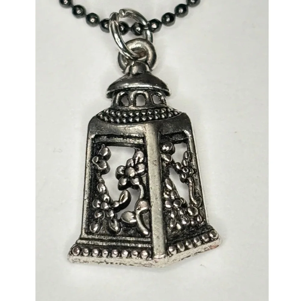 Vintage Pagoda Floral Lantern Silver Tone Pendant Necklace Black Ball Chain